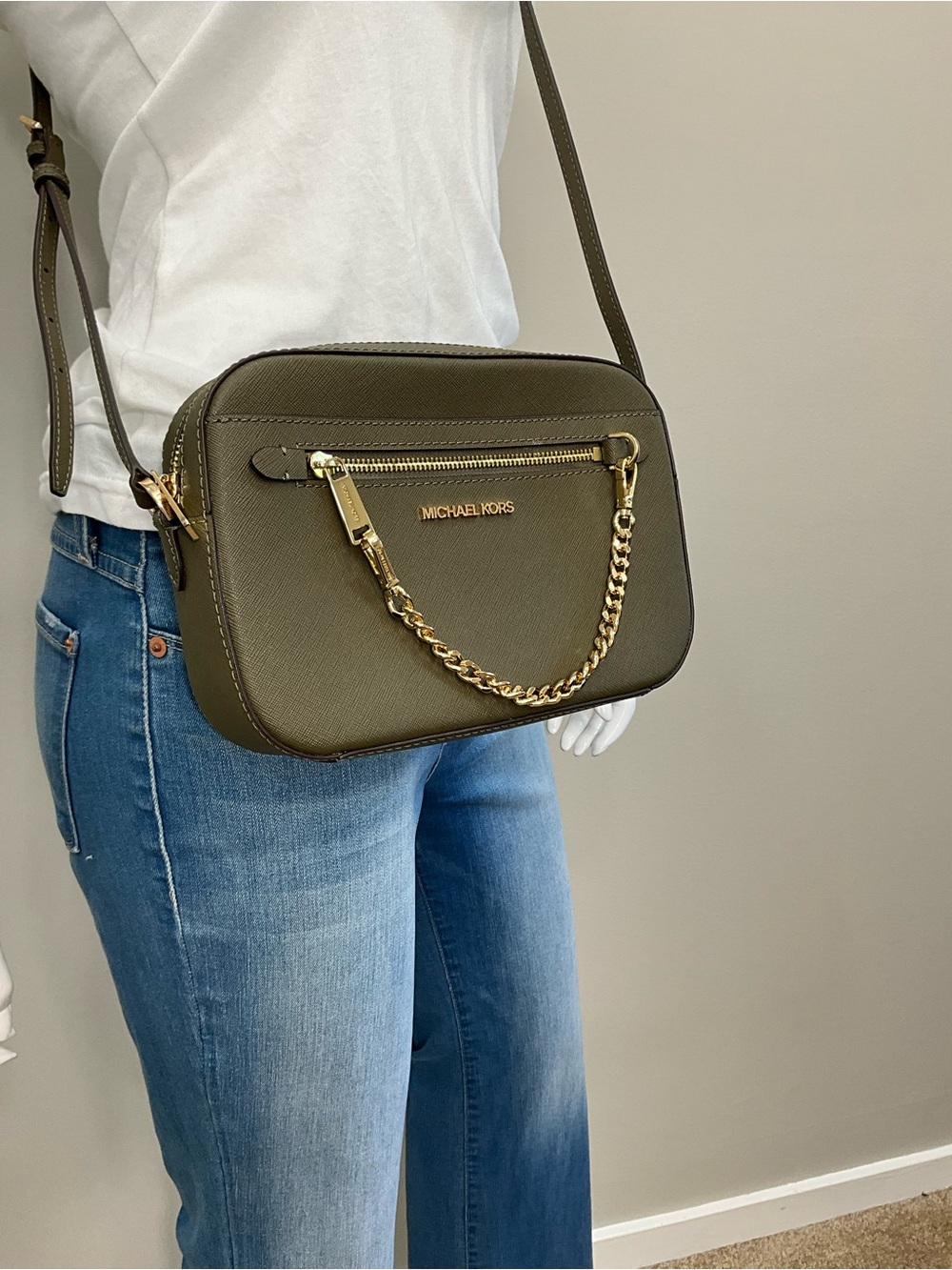 MICHAEL KORS Jet Set Large Olive Saffiano Crossbody Camera Bag Gold Chain